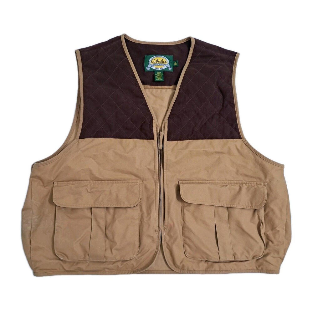 Cabelas Mens XL Hunting Field Cargo Vest Jacket Brown Khaki Zip Quilted Shooting